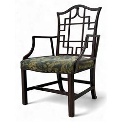 Early 20th century mahogany Cockpen armchair, pierced geometric lattice back and arched cr...