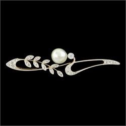 Early 20th century 14ct gold and platinum pearl, old cut and rose cut diamond brooch