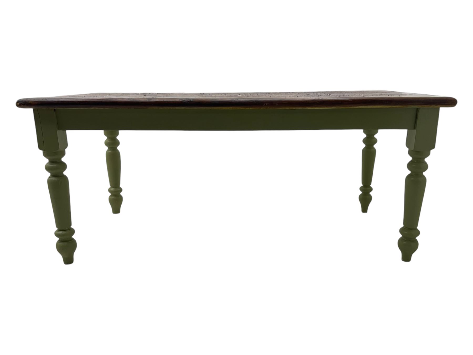 Hardwood dining table, rectangular top on laurel green painted base, fitted with turned supports 