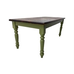 Hardwood dining table, rectangular top on laurel green painted base, fitted with turned supports 