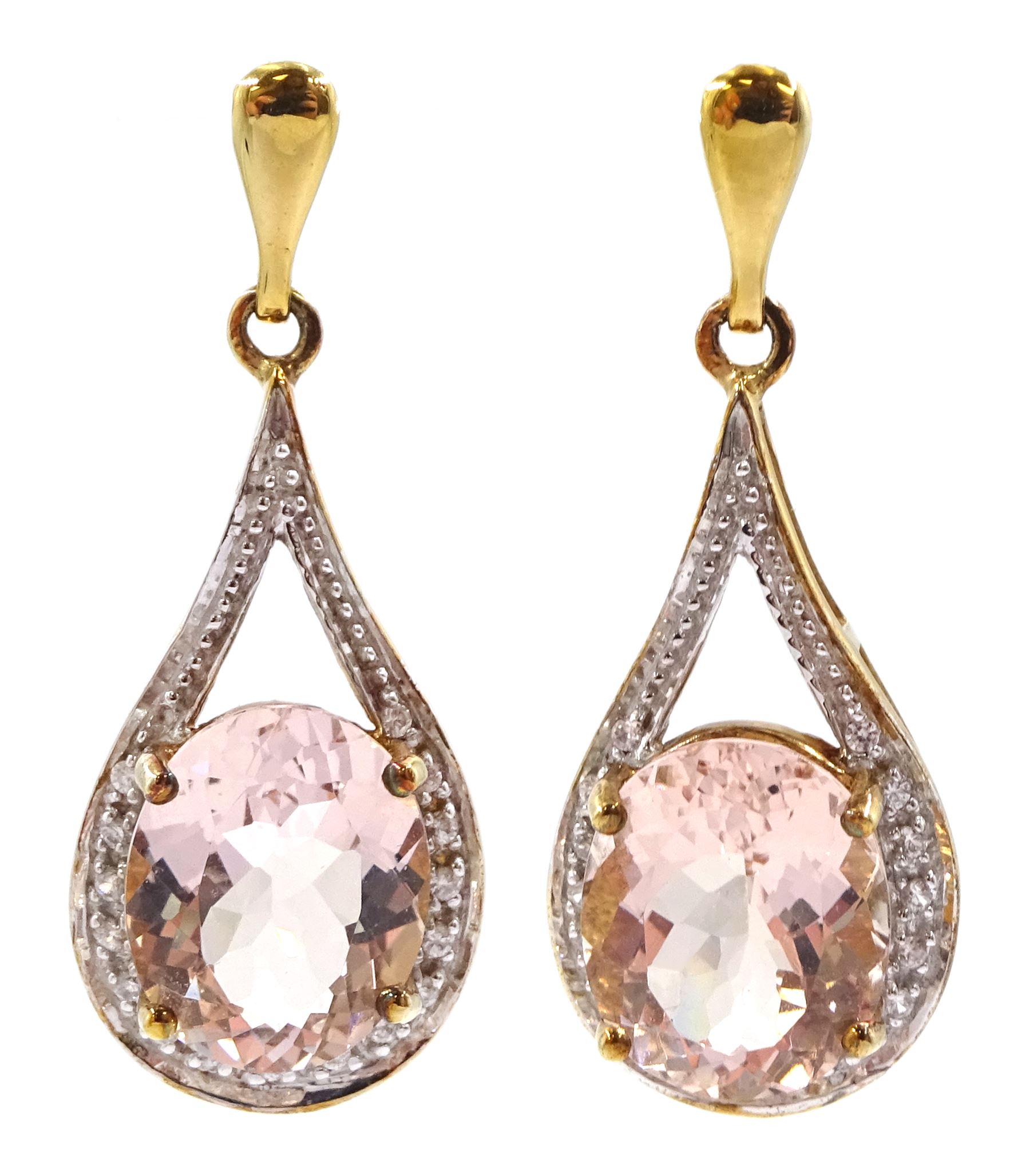 Pair of oval cut morganite and white zircon pendant stud earrings, hallmarked, total morganite weight approx 6.00 carat