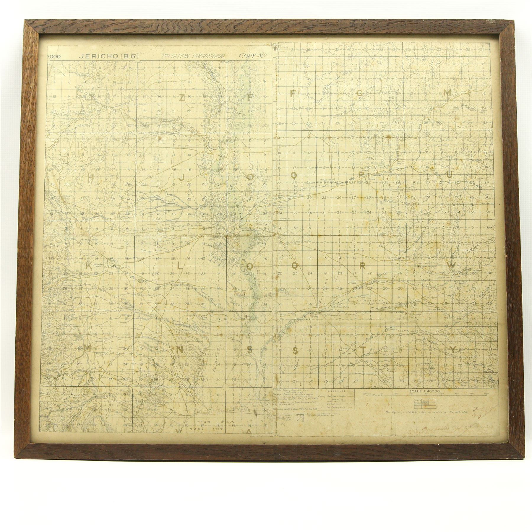 World War I map of Jericho, scale 1:40,000 2nd Edition 1918 in oak frame 60cm x 68cm