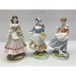 Five Royal Worcester figures, comprising The Queen of May, Rosie Picking Apples, A Farmers Wife, The Milkmaid and The Shepherdess, all with printed marks beneath and some with certificates of authentication   