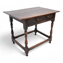 18th century oak side table, rectangular pegged two-plank top over singe drawer carved with S-scrolls, on turned supports united by plain stretchers 