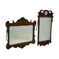 Georgian design walnut and parcel gilt fretwork wall mirror (76cm x 73cm); Chippendale design mahogany fretwork wall mirror, carved with Ho-Ho bird pediment (54cm x 93cm)