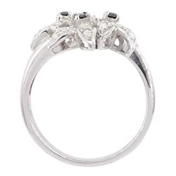 9ct white gold black and white diamond flower ring, hallmarked