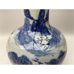 Late 18th/early 19th century Chinese blue and white bottle vase, decorated with a landscape scene containing dwellings, prunus and pine trees, boats and bridges, and populated with figures, with character mark beneath, H35cm