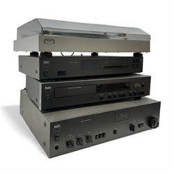 Three NAD Hi-Fi audio stacking system separates, comprising 3130 stereo amplifier, 4225 stereo tuner and 5320 compact disc player 