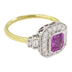 18ct white and yellow gold pink sapphire and diamond cluster ring, emerald cut sapphire, with milgrain set round brilliant cut diamond surround and baguette diamond shoulders, hallmarked, sapphire 1.30 carat, total diamond weight approx 0.50 carat