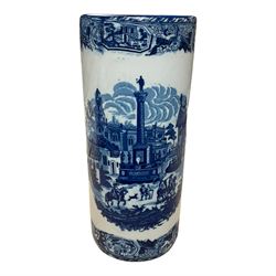 Blue and white stick stand decorated with transfer printed cityscape, H44cm