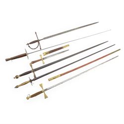 Four court swords, together with fencing foil and dagger in leather and brass scabbard 