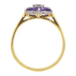 Gold round cut amethyst and round brilliant cut diamond flower head cluster ring, stamped 18ct