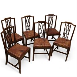 Set of six Edwardian inlaid mahogany dining chairs, lattice back with boxwood stringing, leather upholstered drop in seats