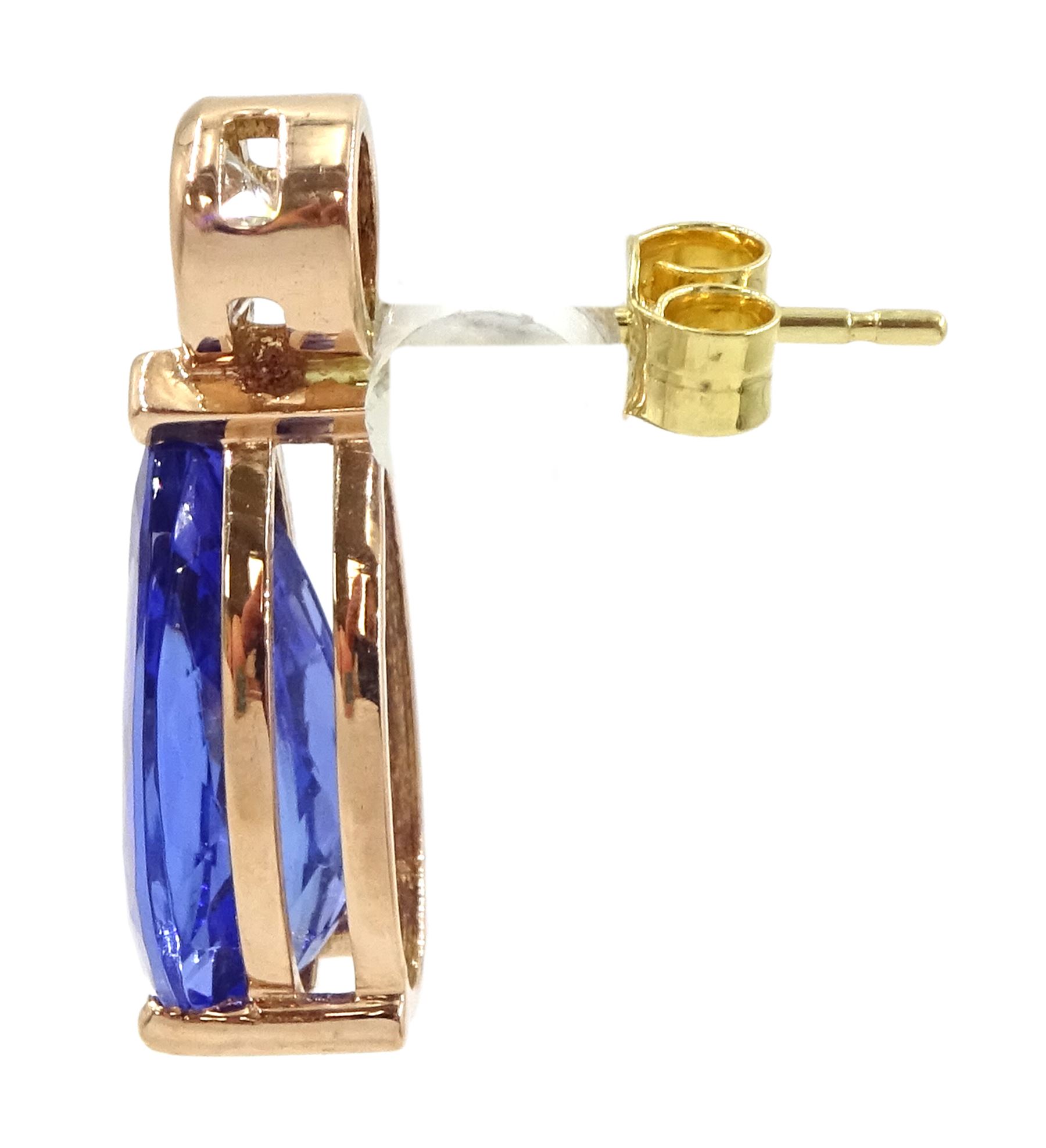 Pair of 18ct rose gold pear cut tanzanite and round brilliant cut diamond pendant stud earrings, total tanzanite weight approx 4.45 carat, total diamond weight approx 0.60 carat 