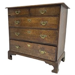 George III oak chest, moulded rectangular top over two short and three long graduating drawers, raised on bracket feet