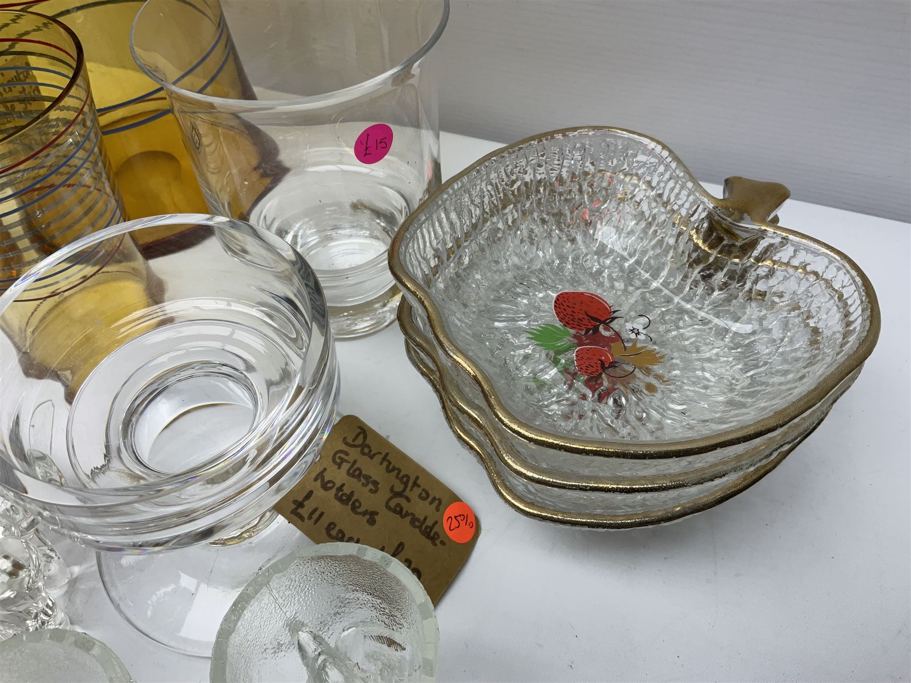 Amber glass lemonade pitcher with four glasses, together with apple shaped bowls and other glassware 