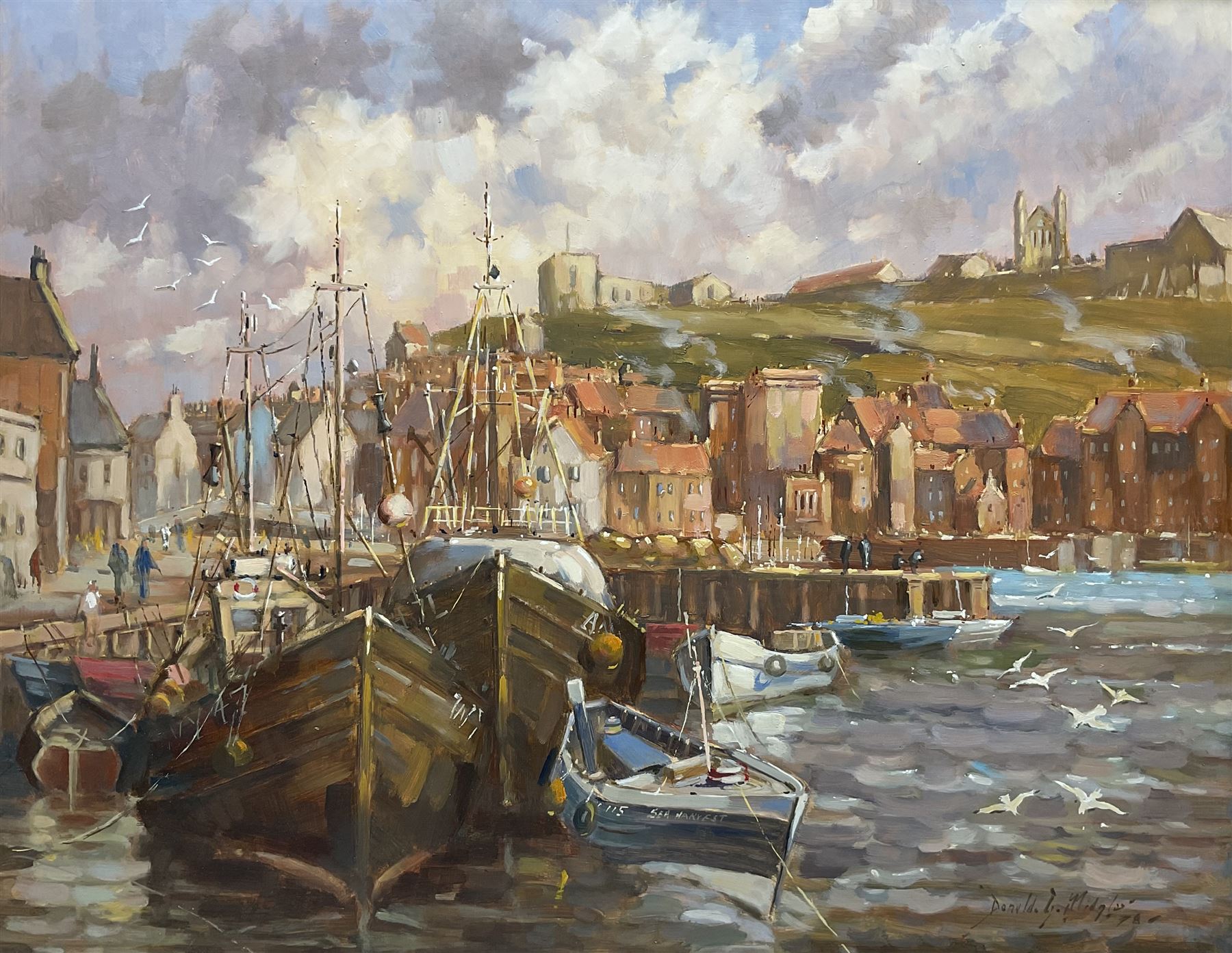 Donald Gray Midgely (British 1918-1995): Whitby Harbour with a View of the Abbey, oil on board signed and dated '78 40cm x 50cm