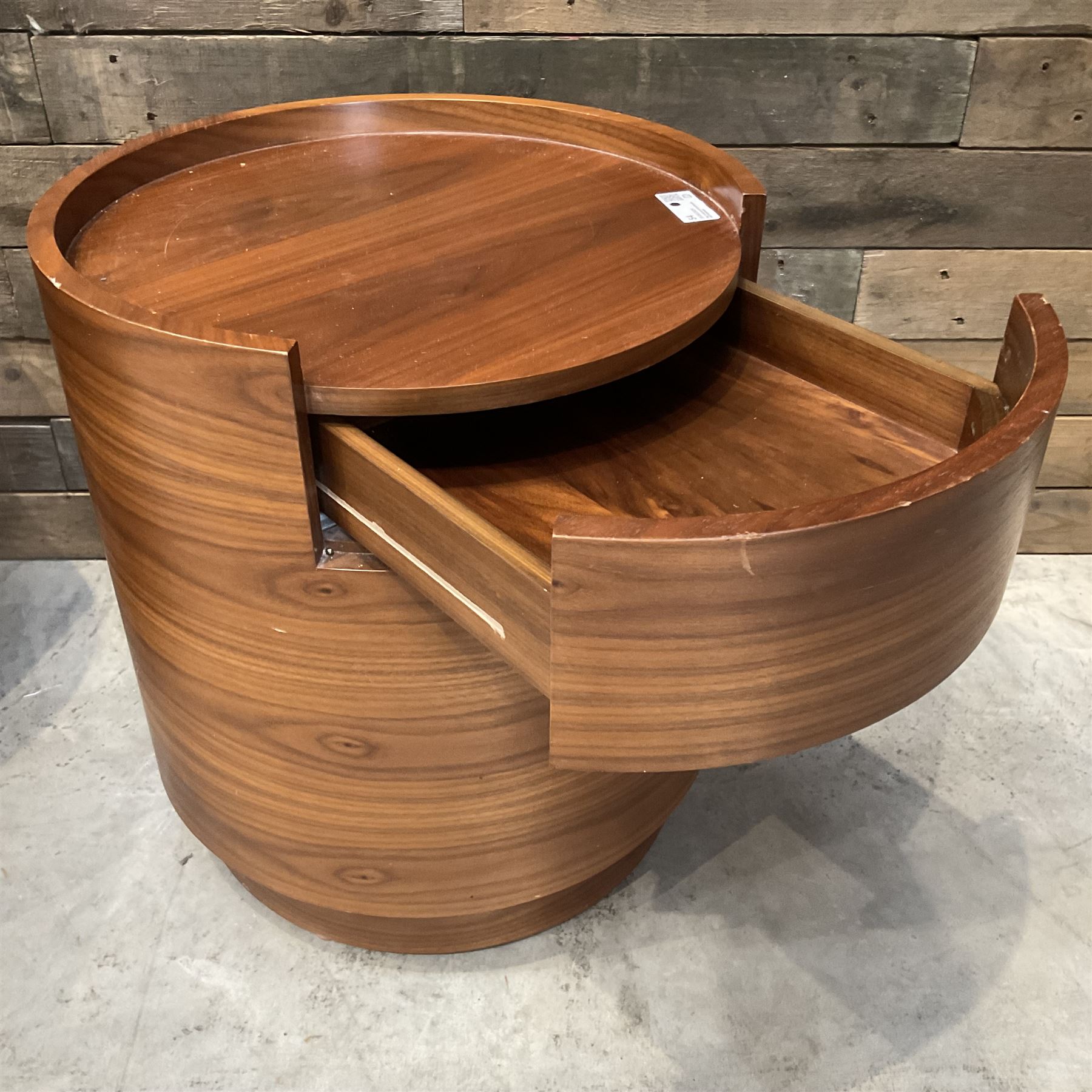 Pair of walnut circular barrel shaped lamp tables, fitted with single drawer