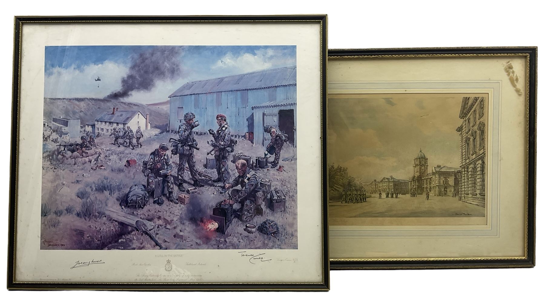 Terrence Cuneo (British 1907-1996): 'A Lull in the Battle', print signed, also signed by Jeremy Moore; together with a signed Dennis Flanders print (2)