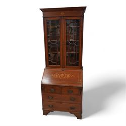 Edwardian inlaid mahogany bureau bookcase, projecting cornice over two astragal glazed doo...