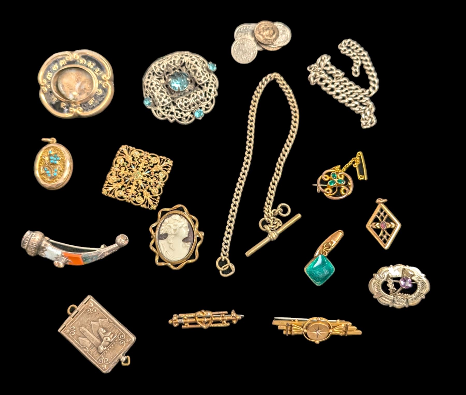 9ct gold brooch, silver brooches including hardstone set dirk brooch, silver chain links and a collection of Victorian and later costume jewellery including hairwork brooch and locket