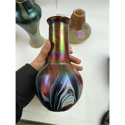 Three Austrian Art Nouveau iridescent glass vases by Rindskopf, all of varying form, each with pulled feather decoration to body, tallest H20.5cm