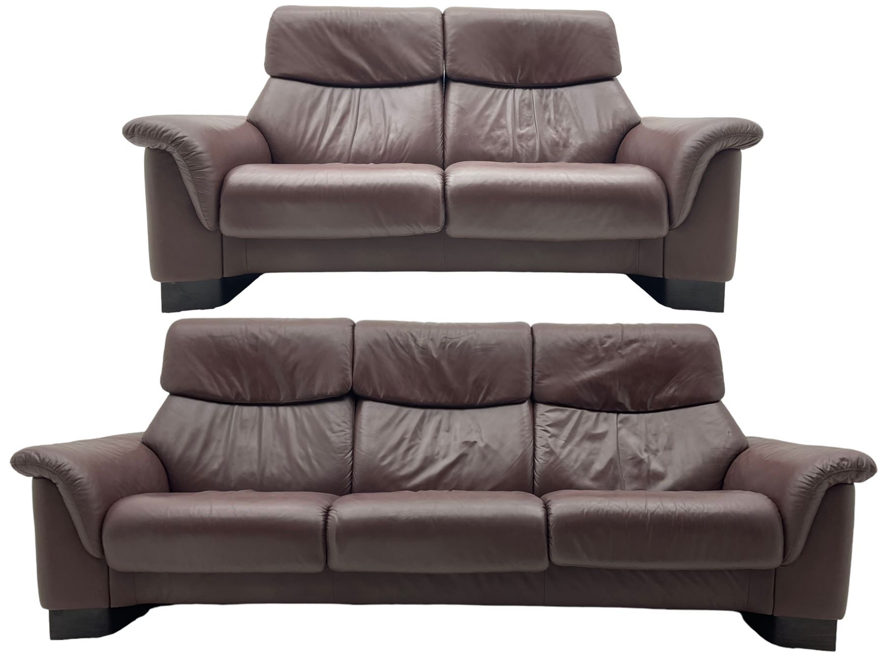 Ekornes Stressless - three-seat sofa upholstered in chocolate brown leather, with high backrests, cushioned headrests, and manual reclining mechanism (L248cm, D84cm, H102cm); with matching two-seat sofa (L184cm, D84cm, H102cm)