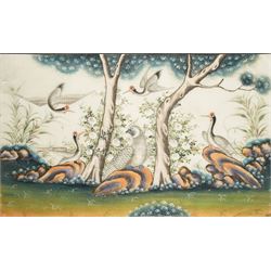 Chinese School (Qing Dynasty 19th century): Chinese Dignitary and Subjects and Birds in a Rocky Landscape, pair gouache and watercolour paintings on rice paper unsigned 20cm x 32cm (2)