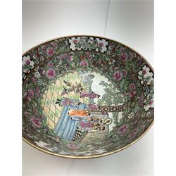 Chinese famille rose bowl, painted with panels depicting court scenes and flora and fauna, D31cm