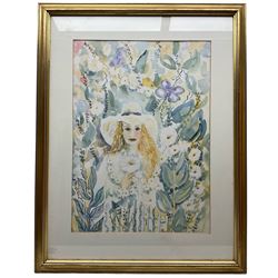 Beth Neal (British 20th Century): A Lady in Her Garden, watercolour signed 52cm x 38cm 