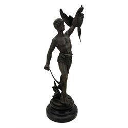 19th century French spelter figure 'Chasseur D'Aigles' on wooden base H48cm and a beaten copper circular tray inscribed with initials D61cm