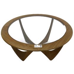 Victor B Wilkins for G-Plan - mid-20th century teak 'Astro' coffee table, circular top with glass inset, raised on shaped X-frame base