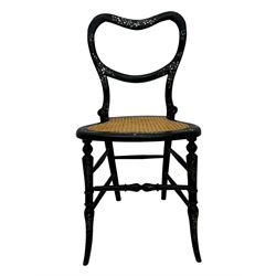 Victorian mother-of-pearl inlaid side chair; pair of miniature oak square stools; round stool; display stand with zigzag support column and brass dish; and a carved inlaid hardwood table top (6)