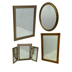 Four decorative mirrors, including gold-toned triptych dressing mirror with foliate border...