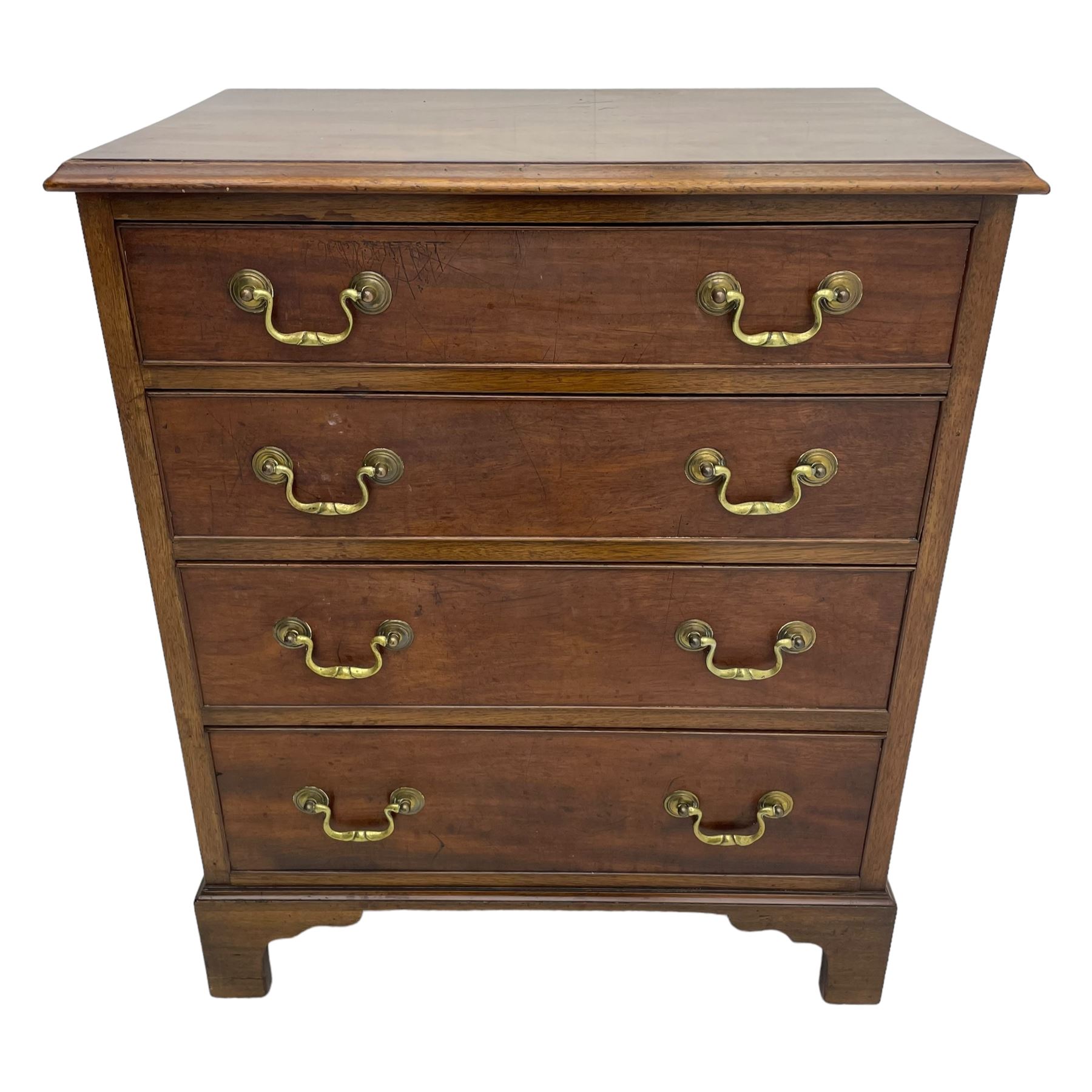 Small Georgian and later mahogany chest, moulded rectangular top over four long cock-beaded drawers, on bracket feet