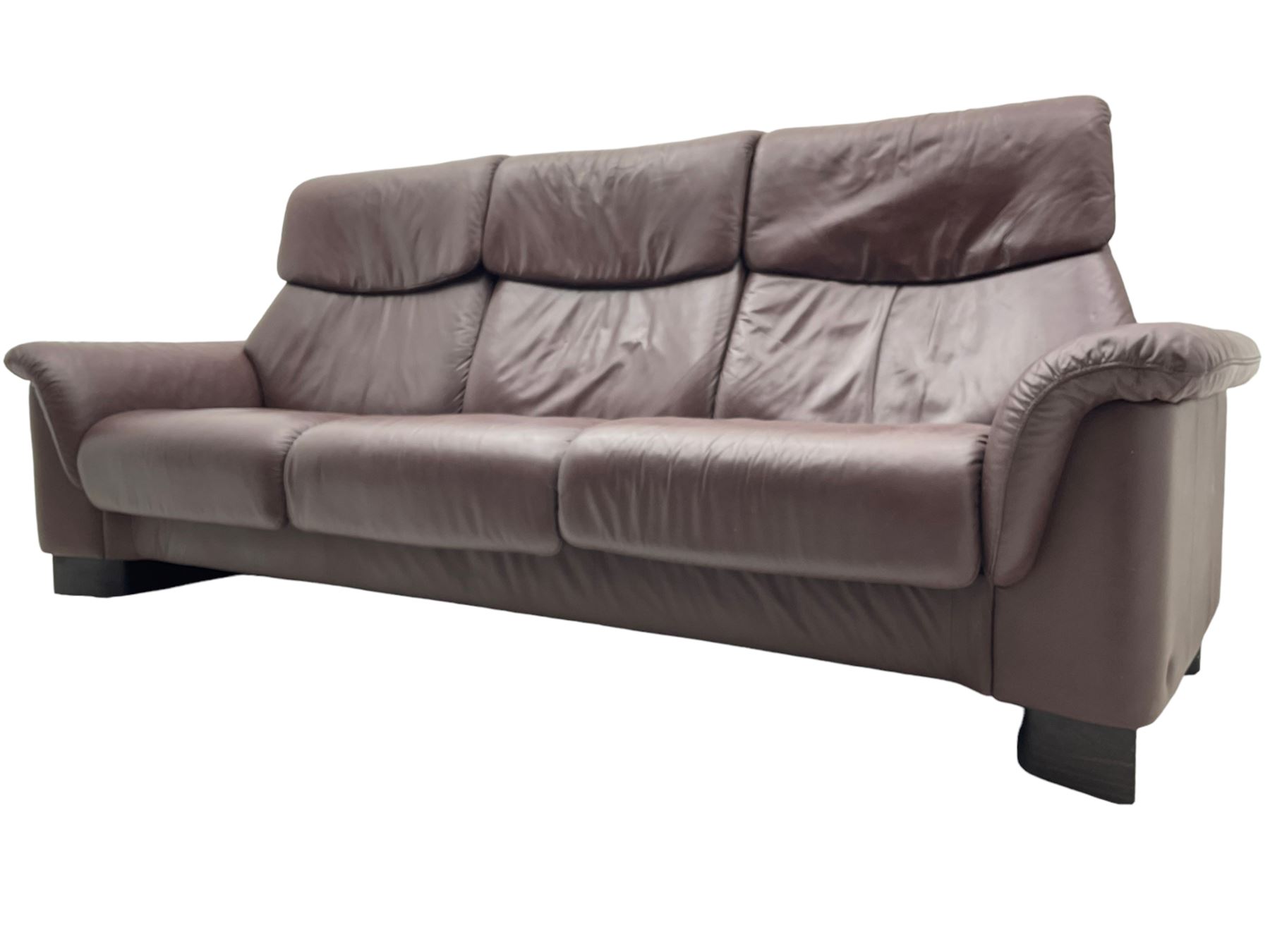 Ekornes Stressless - three-seat sofa upholstered in chocolate brown leather, with high backrests, cushioned headrests, and manual reclining mechanism (L248cm, D84cm, H102cm); with matching two-seat sofa (L184cm, D84cm, H102cm)