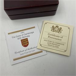 Queen Elizabeth II Bailiwick of Jersey 2012 'The Duke of Cambridge 30th Birthday' gold proof five pound coin, cased with certificate