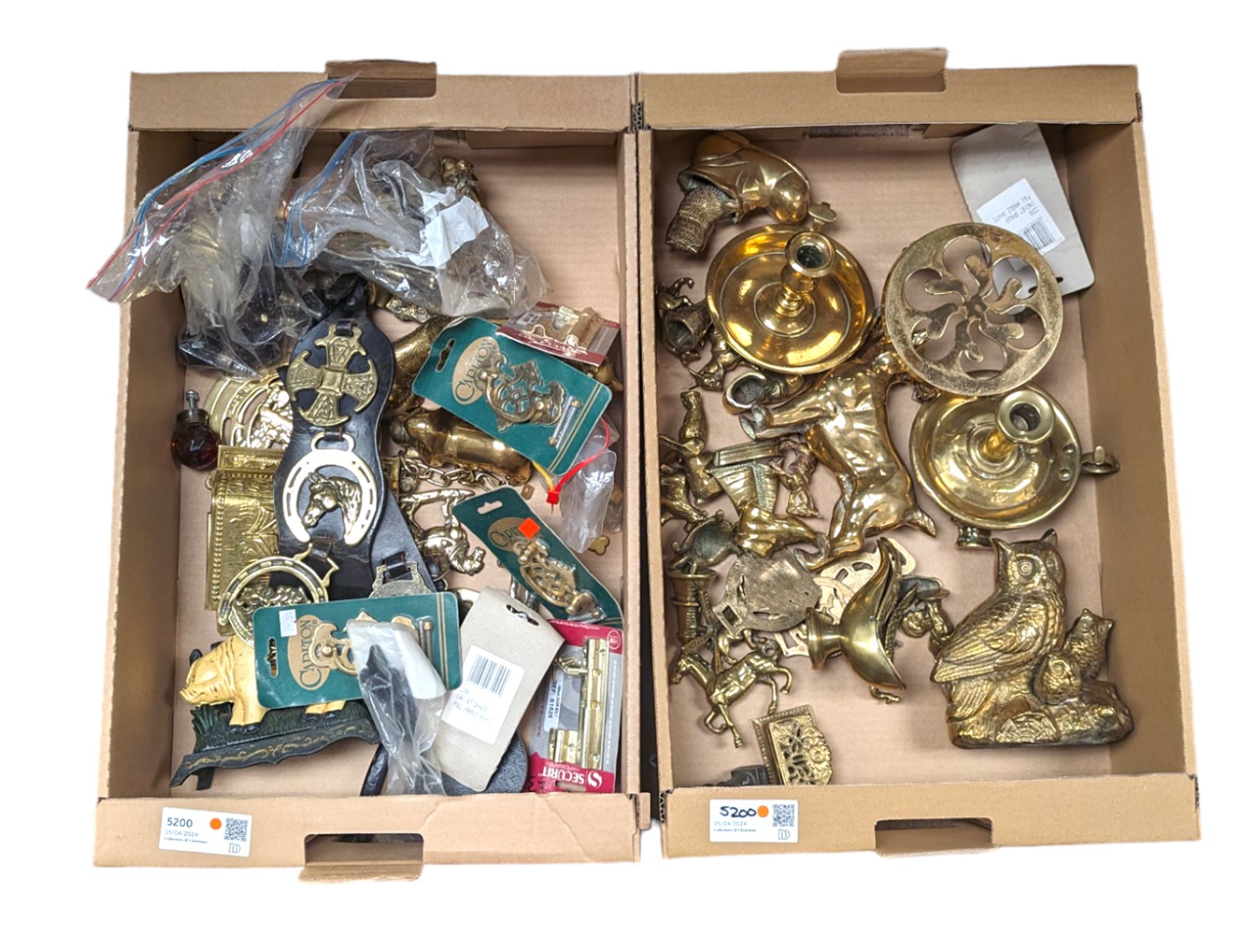 Collection of brassware, including animal figures, chamber sticks, Waterloo ashtray, FAL Bugatti Tip, door handles, door locks and other metalware