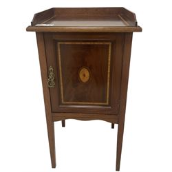 Edwardian inlaid mahogany pot cupboard, raised three-quarter gallery back, panelled door with fan inlay enclosing single shelf