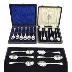 Set of six silver teaspoon, with engraved initials by Cooper Brothers & Sons Ltd, Sheffield 1922-33 and two cased sets of silver coffee spoons hallmarked, approx 6.7oz
