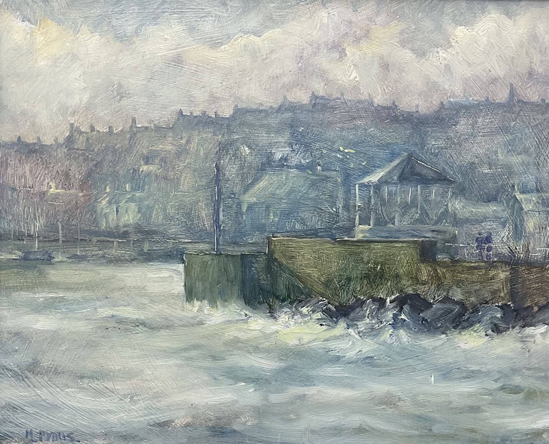 Christine M Pybus (British 1954-): Blustery Day at Whitby Bandstand, oil on board signed 22cm x 28cm 