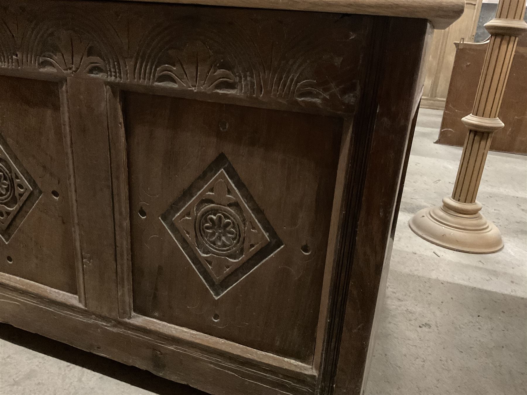 17th century design oak coffer or chest, rectangular hinged top, the frieze carved with lunettes and anthemion leaves, three panels decorated with lozenge and foliage carvings - THIS LOT IS TO BE COLLECTED BY APPOINTMENT FROM THE OLD BUFFER DEPOT, MELBOURNE PLACE, SOWERBY, THIRSK, YO7 1QY