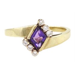 9ct gold amethyst and four stone round brilliant cut diamond ring, hallmarked