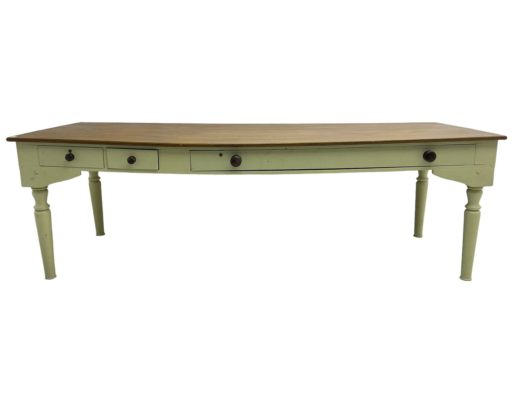 Large 20th century farmhouse style dining table, rectangular oak top on pale green painted base fitted with drawers, on turned supports