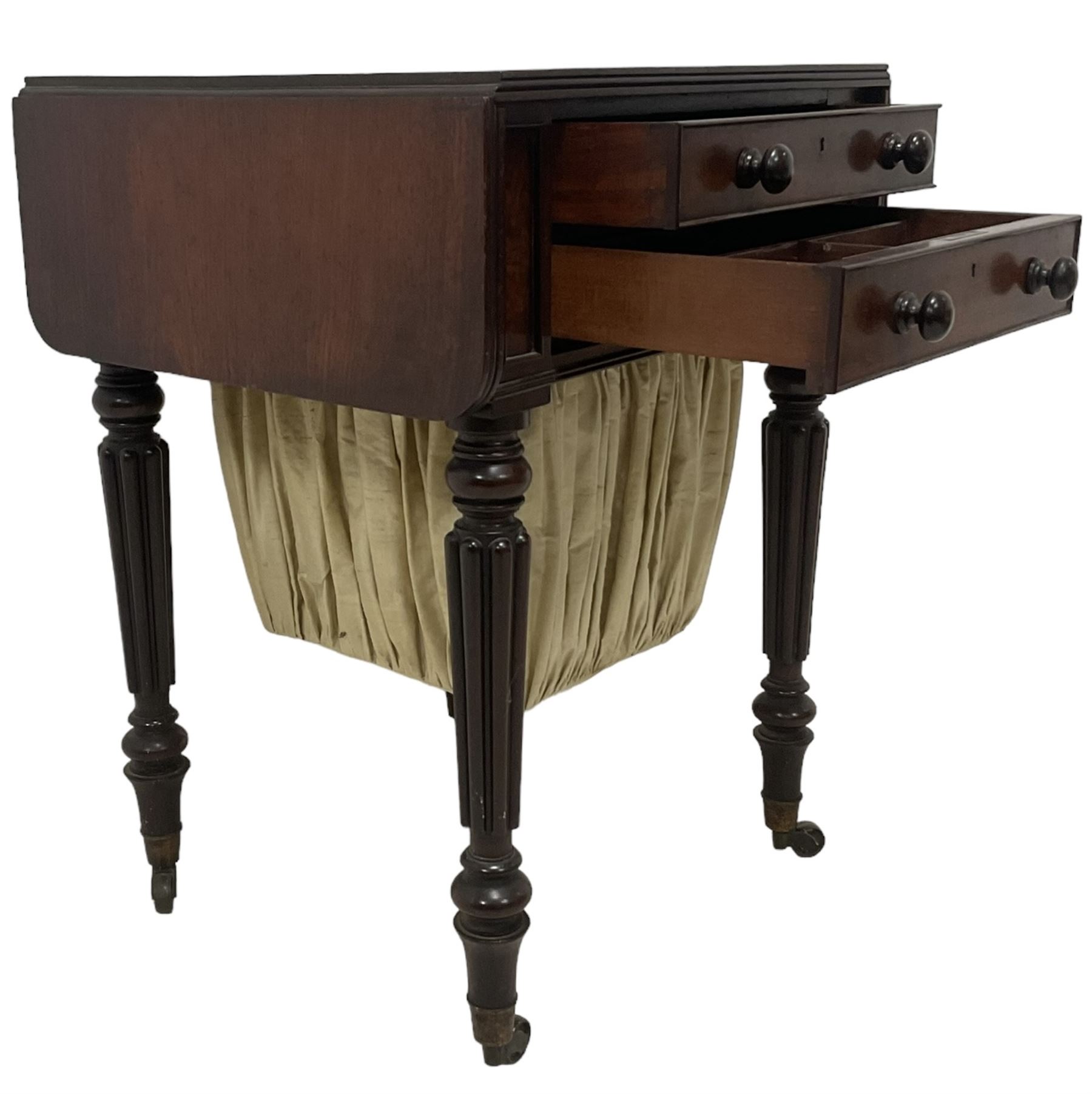 19th century mahogany drop-leaf work table, rectangular top with rounded corners, fitted with two cock-beaded drawers over pleated silk storage well, with matching opposing faux drawers, on turned and lobe moulded supports on castors