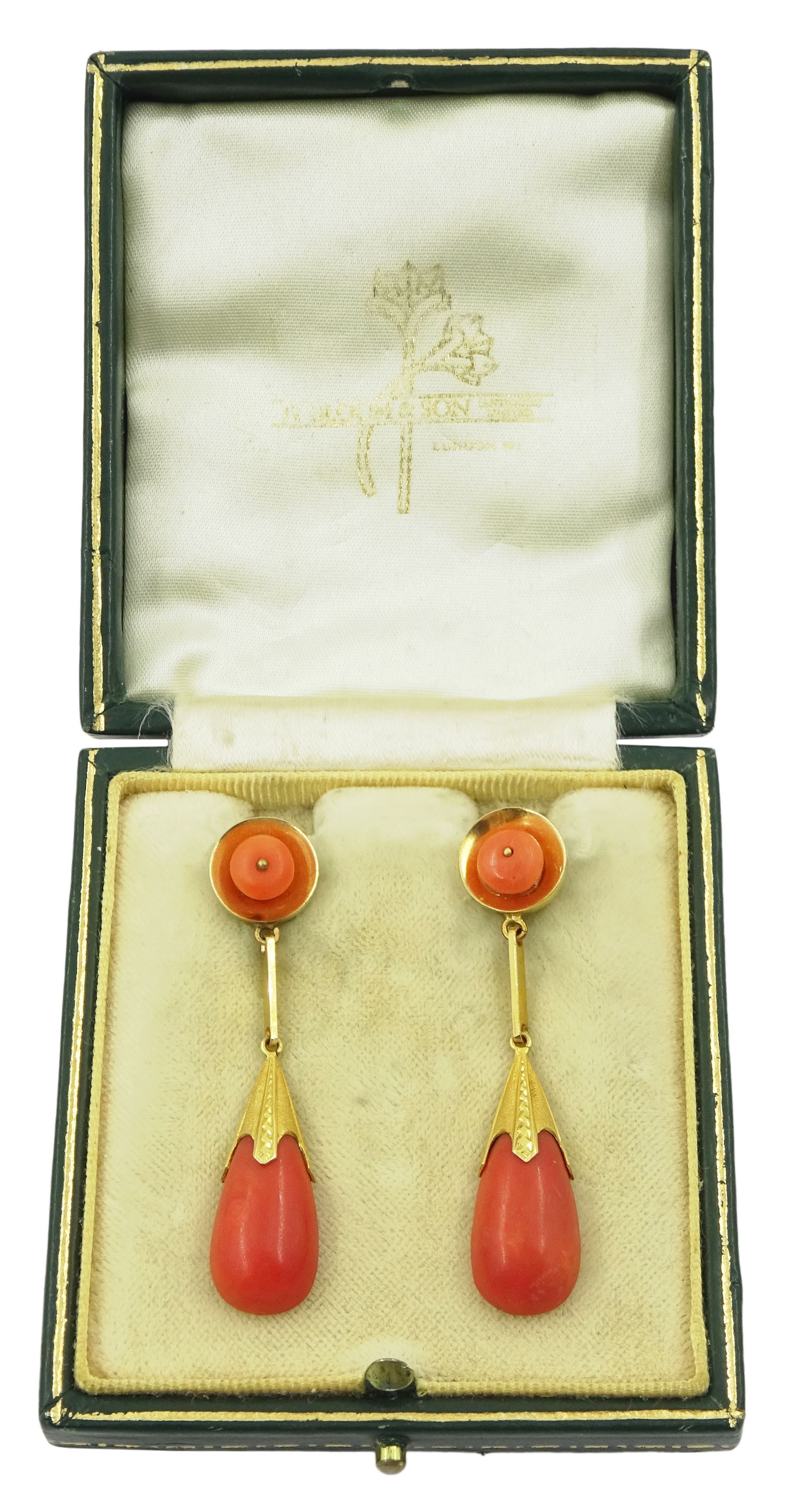 Pair of 18ct gold coral pendant stud earrings, in silk and velvet lined box