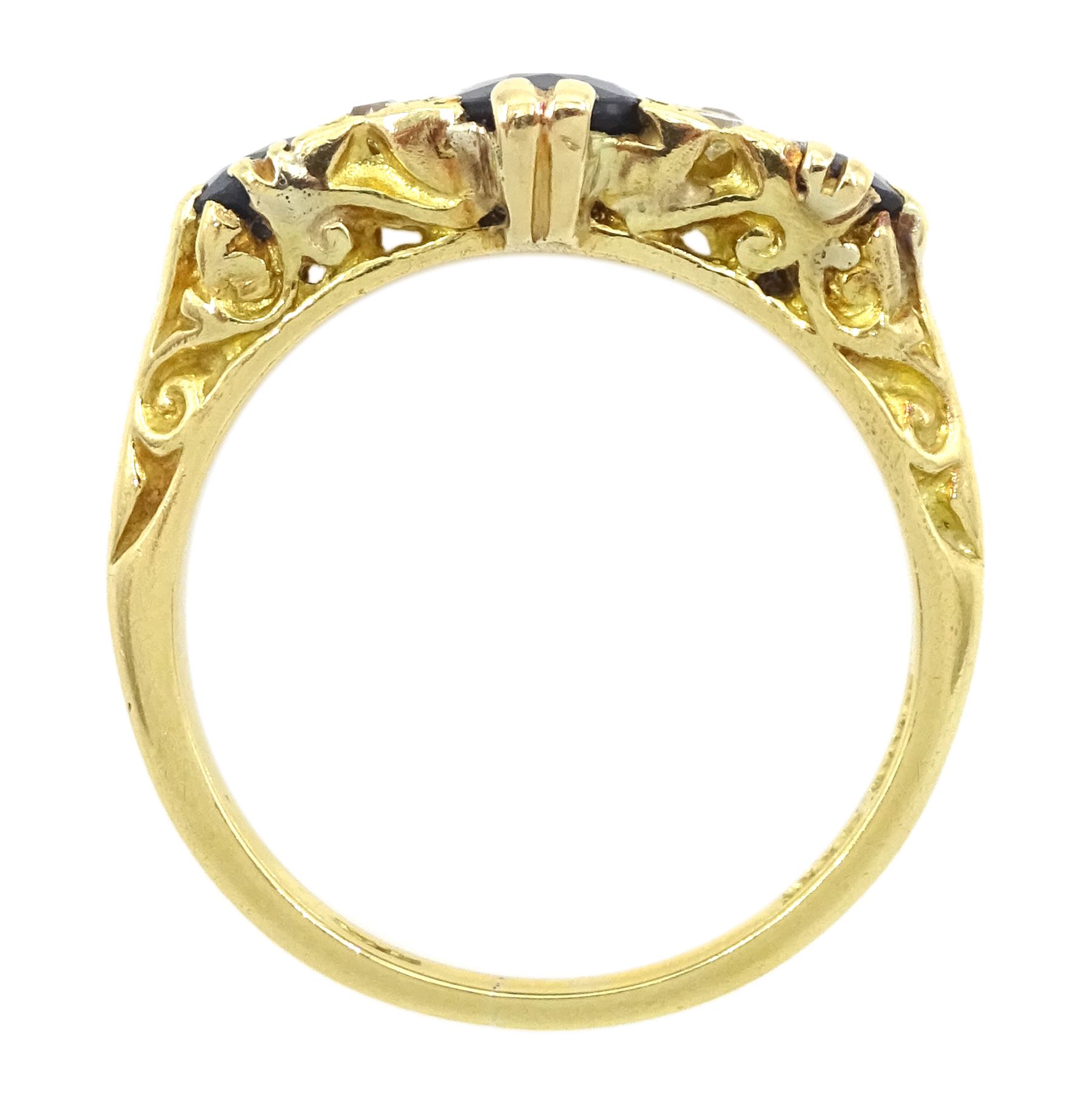 18ct gold three stone oval cut sapphire and four stone round brilliant cut diamond ring, stamped