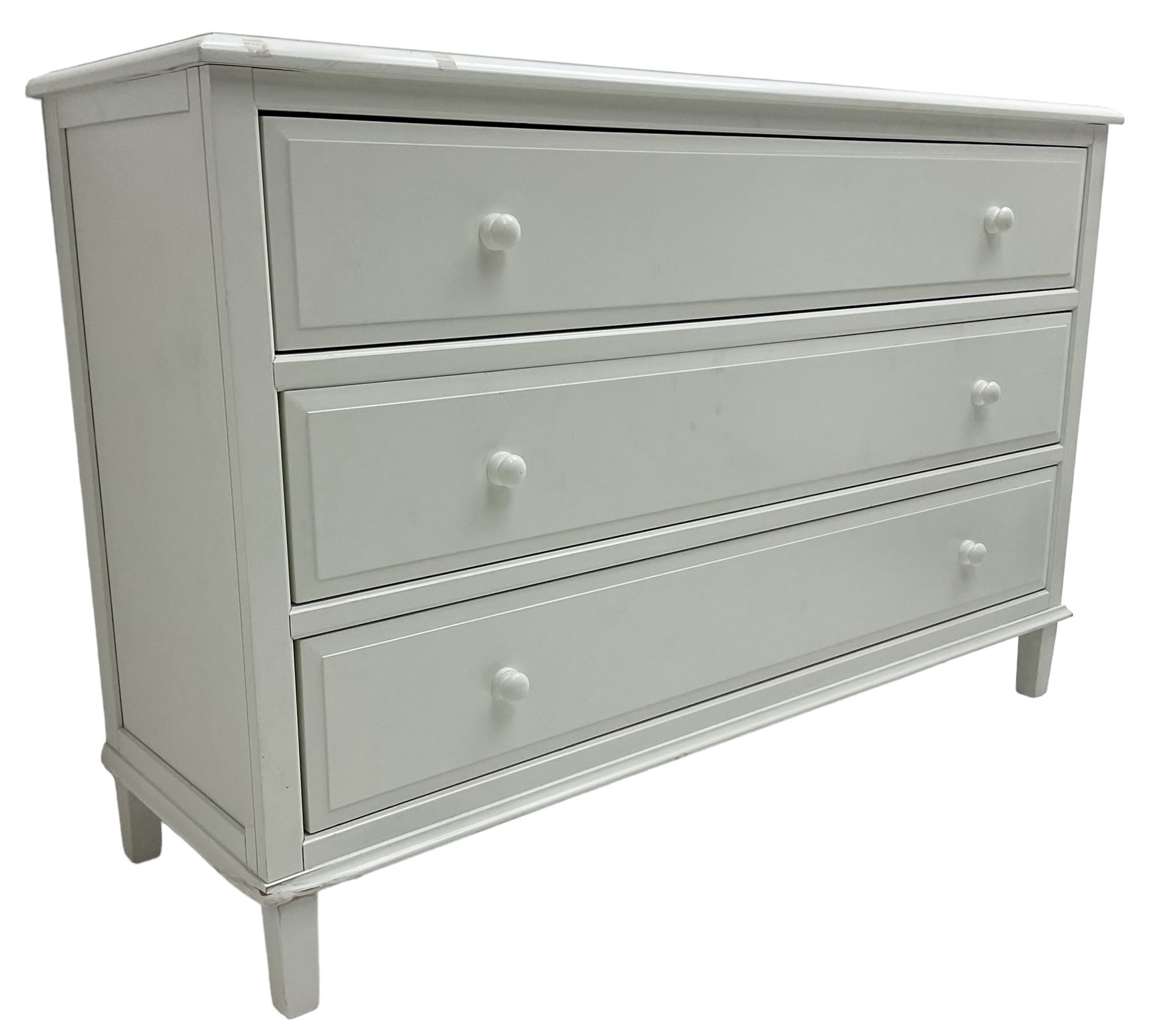 Contemporary wide white painted straight-front chest, fitted with three drawers