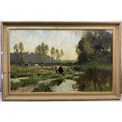 Bertram Priestman RA ROI NEAC (British 1868-1951): Cattle and Country Girls by the Riverside, oil on canvas signed and dated '19, 82cm x 135cm