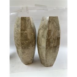 Pair of fossilised coral mosaic vases, of hexagonal form, H46cm